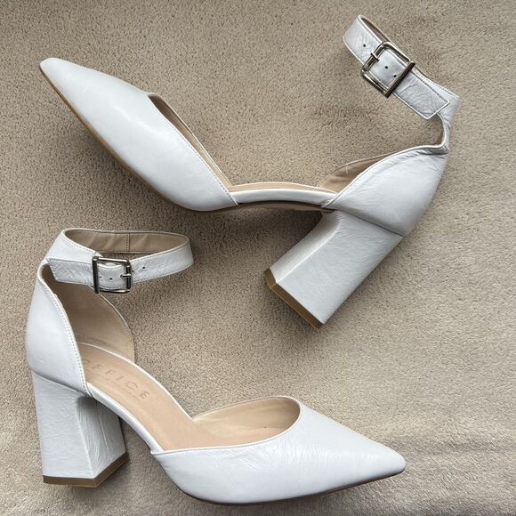 Office London White Leather Block Heel Pump Ankle Strap Pointed Toe EU 37 US 6.5 - Picture 1 of 16